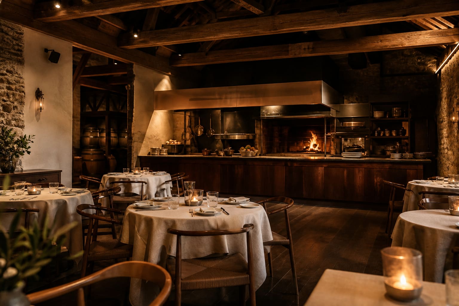 Salle du restaurant AMBRE avec cuisine au feu de bois ouverte